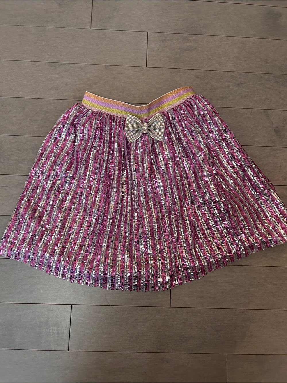 Girl’s Lola + The Boys Pink Sequin Circle Skirt with Rhinestone Bow.